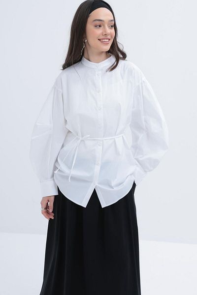 ALLDAY Cămașă din poplin din lycra plisată cu centură albă subțire