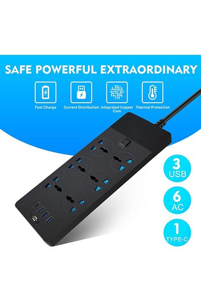 Buy and Bill كابل تمديد الطاقة، 6 منافذ، قابس المملكة المتحدة، محول قابس عالمي مع 3 منافذ USB و1 من النوع C