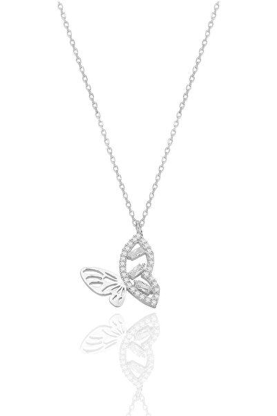 Söğütlü Silver Gümüş rodyumlu baget taşlı işlemeli kelebek kolye SGTL12791RODAJ