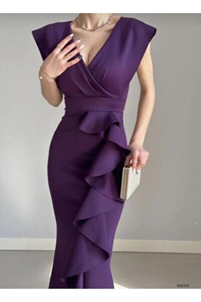 Emirela Γυναικείο μωβ κρεπ ύφασμα με διπλό στήθος φούστα με λαιμόκοψη βραδινό φόρεμα αποφοίτησης νυφικό