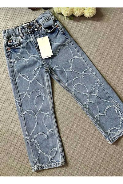OliveYouMom Blugi pentru fete, cu detaliu inimă, din denim, cu picioare largi