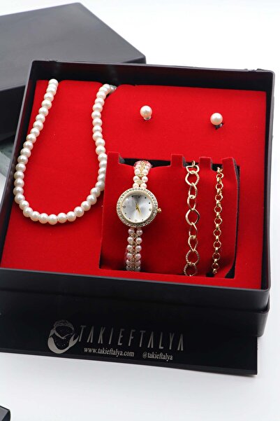 nw northwatch Minimal İnci Metal Kordon Kadın Kol Saati Seti