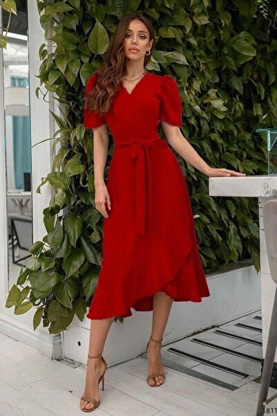 Emirela KRUVAZE YAKA KISA KOL VOLANLI KUŞAKLI MİDİ BOY ELBİSE KIRMIZI 581811