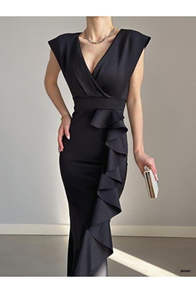 Modafeminen Kadın Siyah Krep Kumaş Kruvaze Yaka Eteği Volanlı Abiye Mezuniyet Nikah Elbise