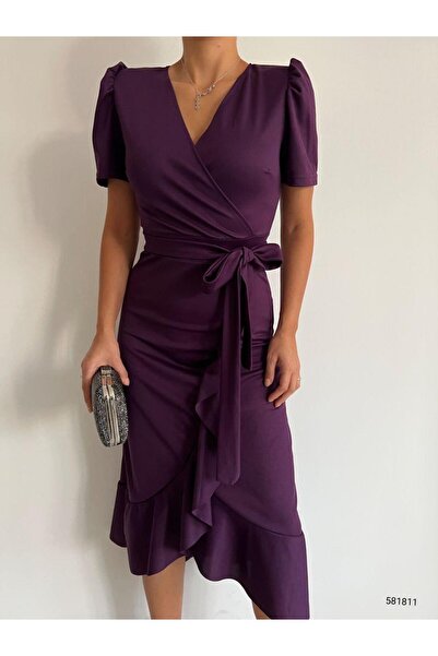 Emirela KRUVAZE YAKA KISA KOL VOLANLI KUŞAKLI MİDİ BOY ELBİSE MOR 581811