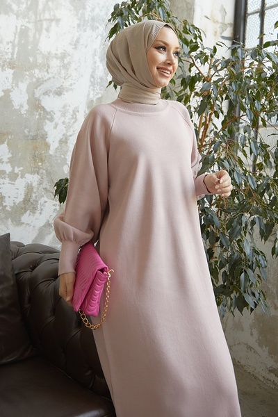 InStyle Mina Balloon Sleeve Knitwear Hijab Φόρεμα - Πούδρα