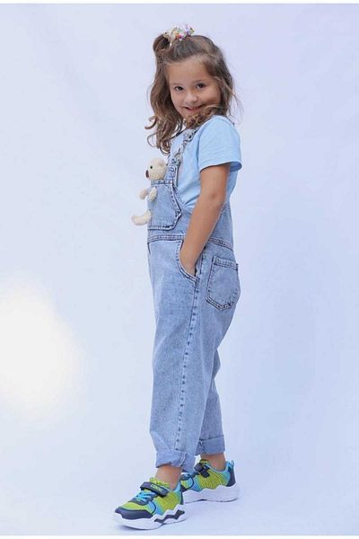 OliveYouMom Girl's Teddy Bear Detailed Denim Denim Salopet Jumpsuit