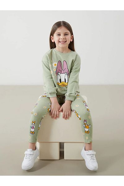LC Waikiki Lcw Kids Green Daisy Duck Printed Girls' Sweatshirt and Leggings - Set of 2