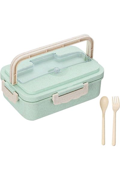 COOYA 3-Compartment Lunch Box Kit for Adult,  Plastic, BPA-Free, Green, 12 x 20 x 7.6cm