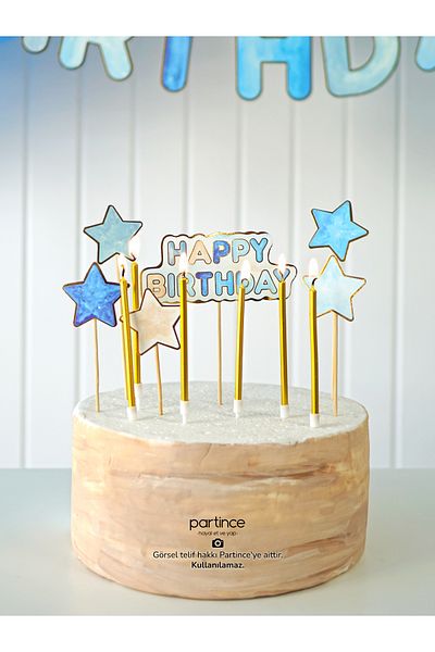 partince Σετ 2 μπλε θέμα Happy Birthday Cake Topper και 6 τεμαχίων μεταλλικό μακρύ χρυσό κερί στολίδι για τούρτα γενεθλίων