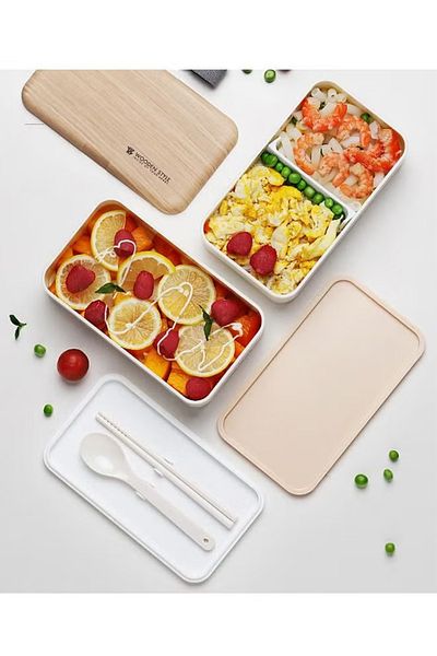 COOYA Wooden Double Layer Lunch Box, with Chopsticks and Spoons, Portable, White