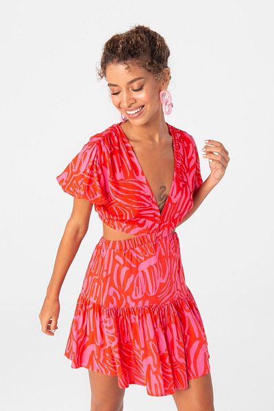 FASHION COCKTAIL Μίνι φόρεμα με μαλακό σχέδιο με κοντό μανίκι χαμηλή μέση ροζ