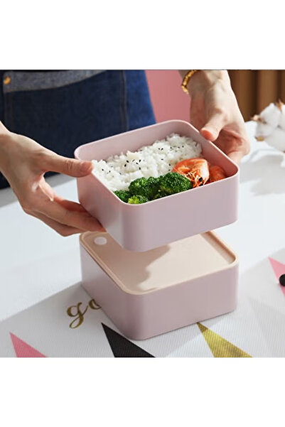 COOYA Square Lunch Box, Double Layer Wooden Lunch Box with Tableware, Lunch Box for Adult Student(Pink)
