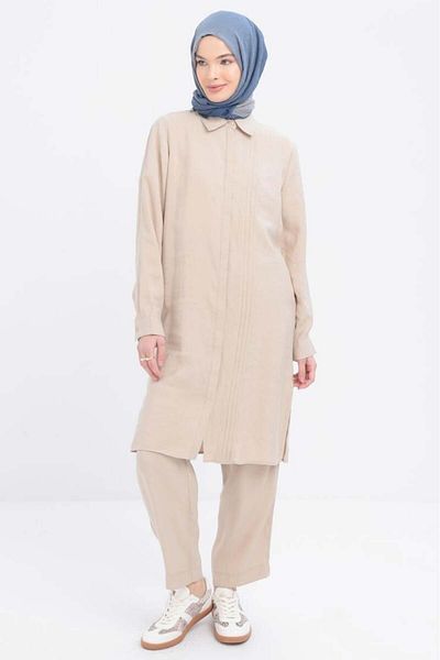 ALLDAY Beige-Ribbed Slit Modal Trousers Suit
