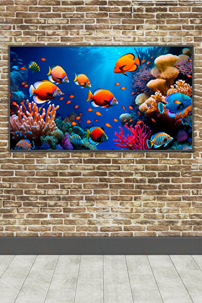 poster marketi Kendinden Yapışkanlı 3D Renkli Akvaryum ve Mercan Resifi Duvar...