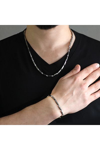 Tesbihane Silver Color 317l Steel Singapore Chain & Bracelet Combination