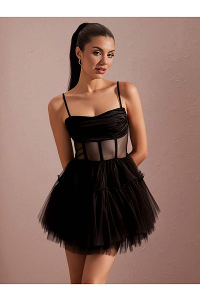 FASHION COCKTAIL Διάφανη τούλινη μέση φουσκωτή φούστα με τιράντες Graduation βραδινό φόρεμα μαύρο