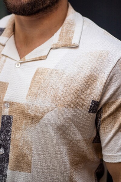 Azıcık Akıllı Чоловіча сорочка з еластичним коміром, коротким рукавом, жовта з білим візерунком, прямий крій, 25egmlgımm