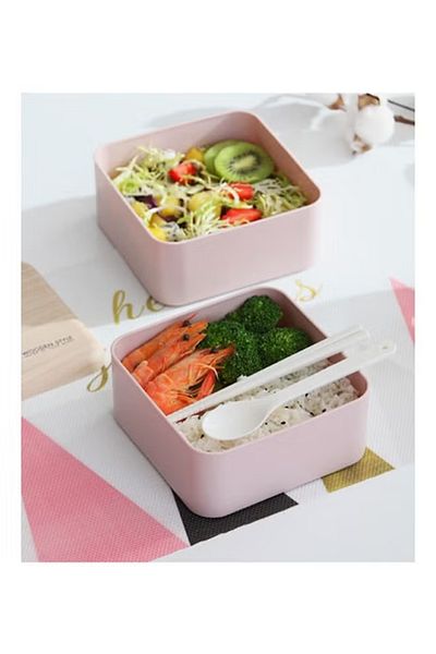 COOYA Square Lunch Box, Double Layer Wooden Lunch Box with Tableware, Lunch Box for Adult Student(Pink)