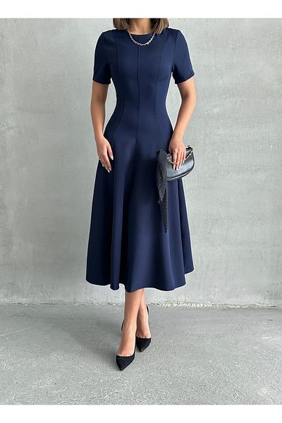 BEJNA Marineblaues, gewebtes langes Kleid in A-Linie für Damen