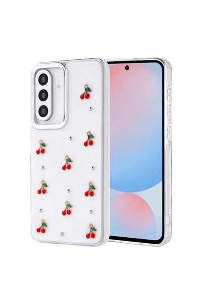 UnDePlus Samsung Galaxy A56 Kılıf Kabartmalı Kelebek-Kiraz-Çiçek Dizayn Şeffaf Kutup Kapak