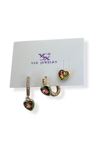TAKIŞTIR Gold Color Heart Figured Stone Detailed 3-Piece Ysx Earring Set