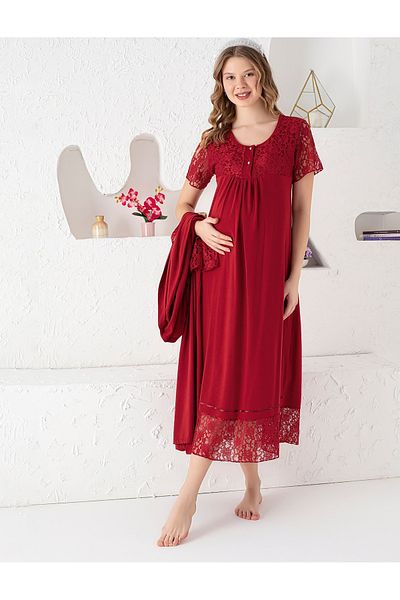 JENİKA Maternity Long Dressing Gown, Openable Buttoned Lace Detailed 2-Piece Nightgown Set