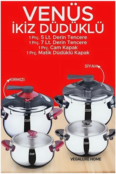 FMS Venus Twin 5 7 Liter Casserole Pressure Cooker Set Glass Lid Black