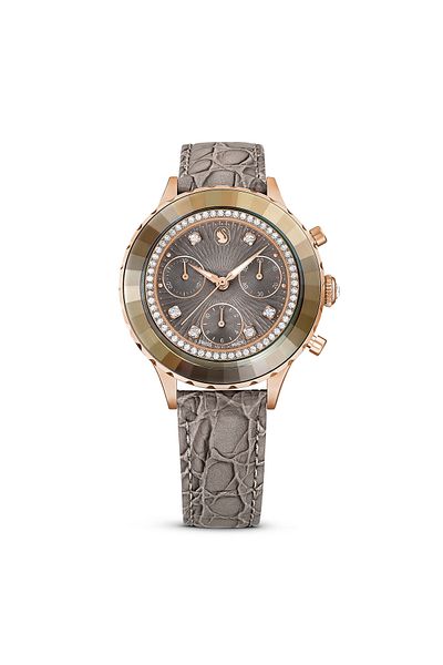 Swarovski ساعة Octea Chrono، إنتاج سويسري، حزام جلدي، رمادي، سطح ذهبي وردي