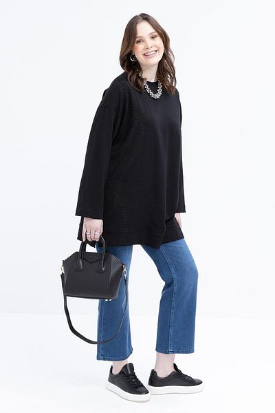 ALLDAY Black-Embroidered Crew Neck Lycra Plus Size Tunic