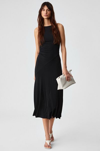 GRIMELANGE Malmoris Women Slim Zipper Pool Neck Long Black Dress