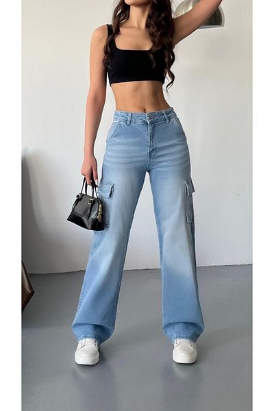 BİKELİFE Vintage-Cargohose mit hohem Bund und weitem Bein für Damen mit verblasstem Effekt