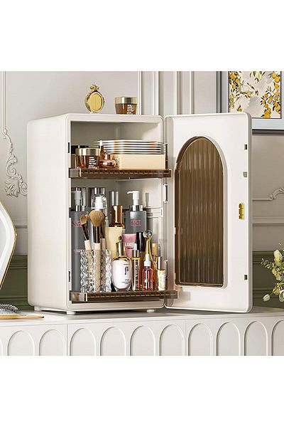 COOYA Cosmetic Storage Cabinet,Dustproof Desktop Skincare Organiser with Removable Partition,Cream Beige