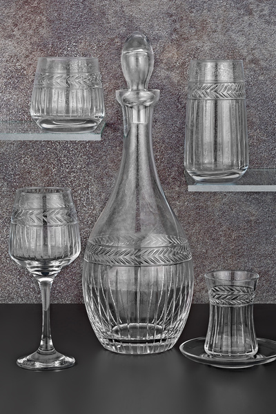 sglass 31 Parça 6 Kişilik Çubuk Yaprak El Dekor Kristal Kesme Cam Su Takımı (...