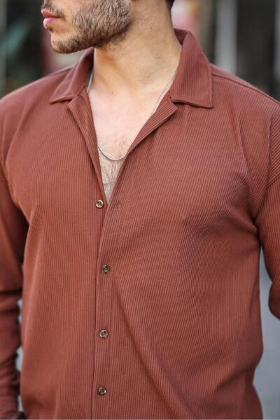 VİP LOKAL Ανδρικό βαμβακερό πουκάμισο με ραβδώσεις καφέ Lycra