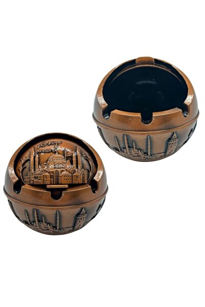 MEVLANA BAZAAR Metal Açılır Kapanır İşlemeli Kül Tablası Kahverengi