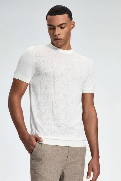 Hemington Openwork Knit Detailed Crew Neck White T-Shirt