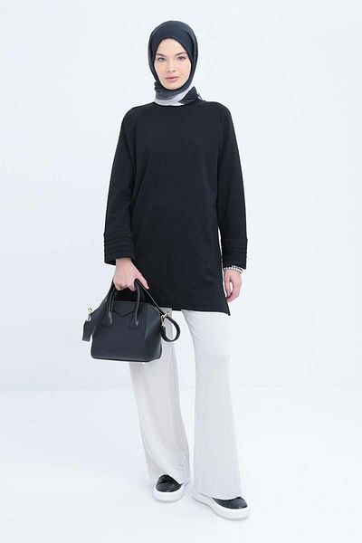 ALLDAY Black-Cuff Ribbed Detailed Slit Lycra Tunic