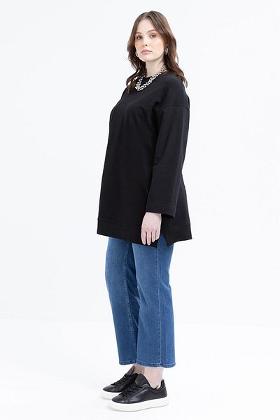 ALLDAY Black-Embroidered Crew Neck Lycra Plus Size Tunic