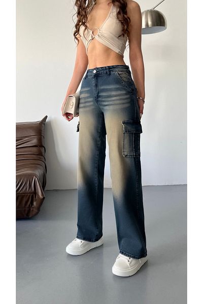 BİKELİFE Vintage-Cargohose für Damen mit hoher Taille - Blasser Effekt, weites Bein