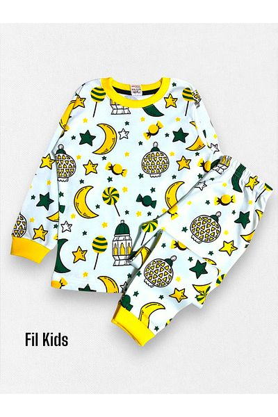 elmas kids Κοριτσίστικο 100% βαμβακερό λευκό κίτρινο λαμπάκι με μακρυμάνικο σετ πιτζάμες με θέμα το Ραμαζάνι