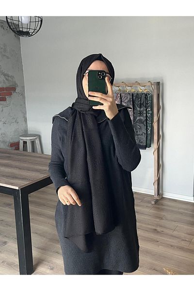 Merwiss Silky Jacquard Patterned Black Shawl