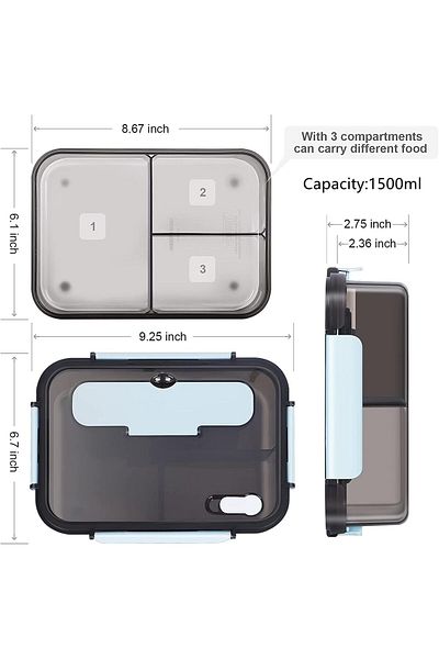 COOYA Lunch Box, 3 Compartment Leak-proof, Food Grade Plastic, with Spoon & Fork, Dishwasher Safe(Blue)