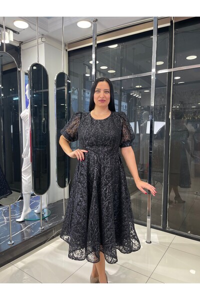 fevzuss Sim Baskı Siyah Midi Boy Büyük Beden Abiye