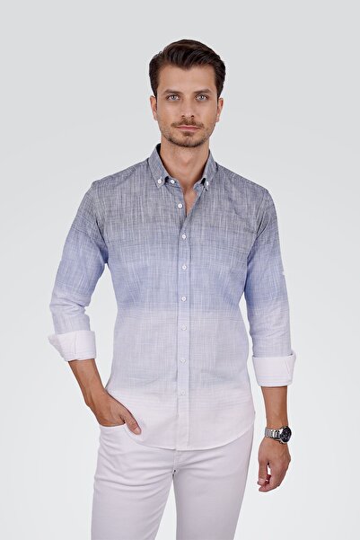 Etikmen Ανδρικό πουκάμισο με πάνελ μπλε γκρι μεταβατικό λινό