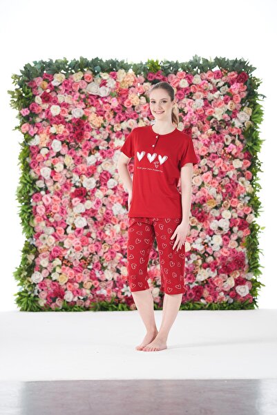 Estiva Women's Summer Heart Patterned Short Sleeve Capri Combed Cotton Lycra Pajama Set