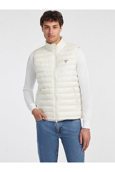 Guess Jeans Men's White Quilted Nylon Inflatable Vest
