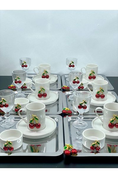 YzHome 6-Person Cherry Porcelain Coffee Cup Set Set Coffee Side Cups and Square Metal Presentation Tray