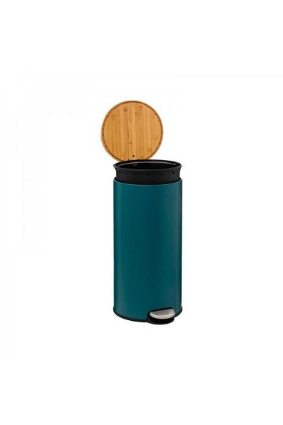 FİVE Metal waste bin with bamboo lid and pedal, Modern Petrol Blue, 30 liters
