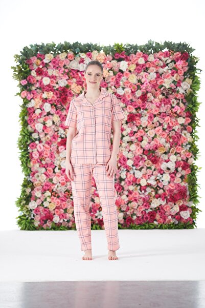 Estiva Women's Summer Checkered Front Buttoned Short Sleeve Combed Cotton Lycra Pajama Set